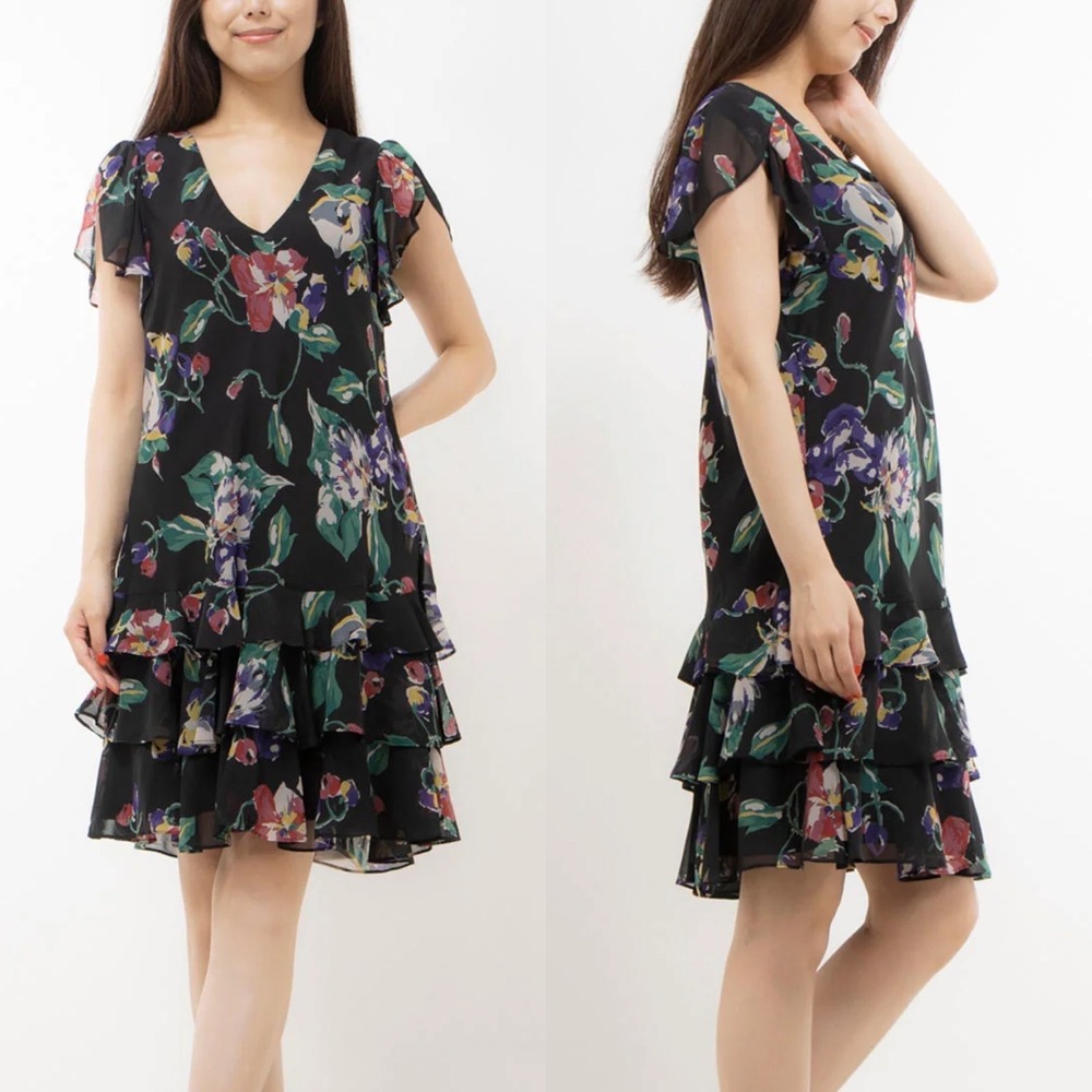 Ralph Lauren Womens Georgette Floral Drop Waist Dress 10 Black Tiered Ruffle‎